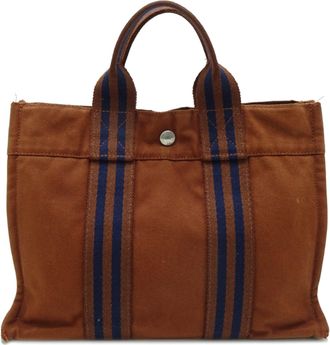 Herm&egrave;s Brown Navy Cotton Tote Bag (Pre-Owned)
