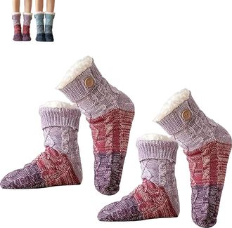 Generic Knitted Ultra-thick Slipper Home Socks, Ultra-Thick Cashmere Slipper Home Socks, with Grips, Warm Comfort for Women (2pcs red)