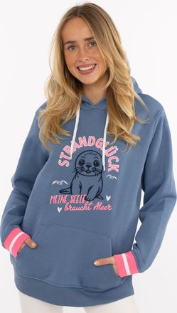 Zwillingsherz Hoodie ZWILLINGSHERZ Seerobbe, Damen, Gr. L/XL, jeans, Sweatware, Obermaterial: 50% Baumwolle, 50% Polyester, Sweatshirts Hoodie, Strandgl&uuml;ck Schriftz
