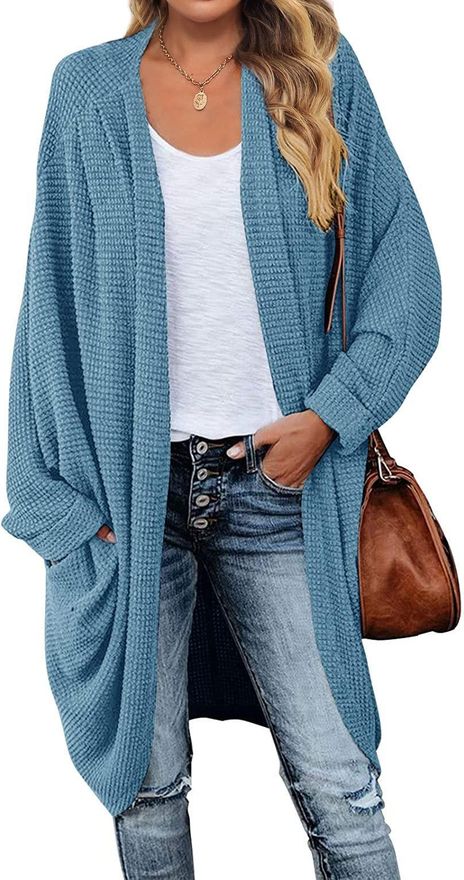 Merokeety Womens Waffle Knit Batwing Long Sleeve Cardigan Loose Open Front Sweater Coat blue Large from 41.12 on Stylight