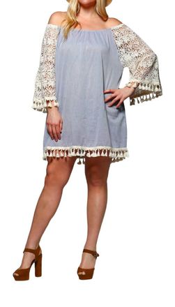 Velzera Crochet Sleeve Fringe Mini Dress In Sky Blue