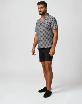 Stone Rose Linen Retro Geo Print SS Resort Shirt in Black at Nordstrom, Size Xx-Large