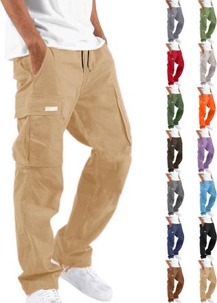 Generic Mens Cargo Pants Straight Leg Long Trousers with Pockets Drawstring Elastic Waist Utility Style Bottoms for Outdoor Fitness Casual Daily Wear Street O