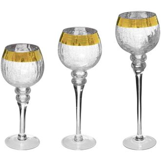 Les Tendances Set di 3 portacandele con piede e fascia in vetro crepla dorato - Feeric lights & christmas