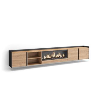 Skraut Home Mueble tv efecto madera roble negro 315x35x50cm chimenea efecto fuego