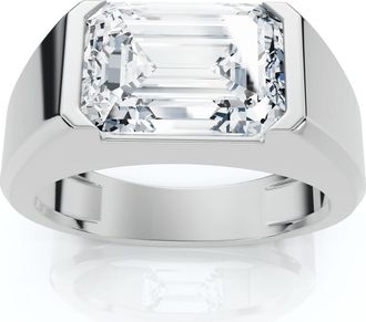 Pompeii3 Certified 3Ct Mens Emerald Cut Half Bezel Diamond Ring 14k Gold or Pt Lab Grown