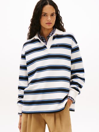 Tommy Jeans Sweatshirt TOMMY JEANS TJW RLX S-FLAG STRIPE RUGBY EXT, Damen, Gr. 4XL (48), ecru, multi stripe, Sweatware, Obermaterial: 100% Baumwolle, gestreift, r