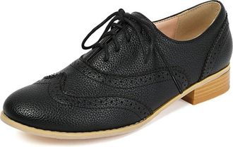 Generic Womens Matte Upper Low Heels Vintage Wingtips Oxfords Pumps Lace Up Almond Toe Flat Loafers Brogues Dress Shoes (Black,7.5)