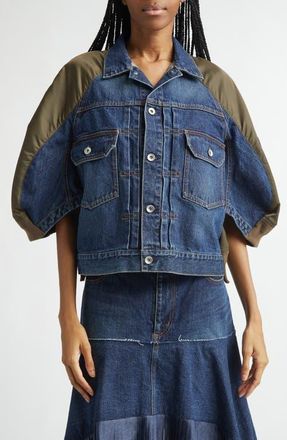 sacai Denim & Nylon Mixed Media Jacket in Blue/Dark Khaki at Nordstrom, Size 2