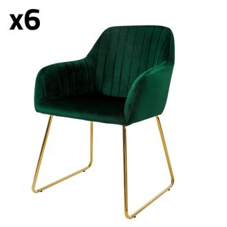 ML Design 6x Sillas de comedor en tapizado verde con patas de metal doradas