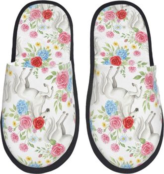 Generic Breathable Mens Slipper Horse Flowers Mens Slipper Fluffy Womens Slippers for Guest Ladies Bedroom L