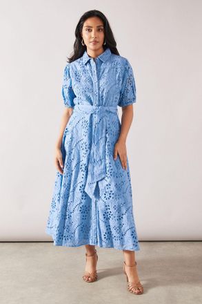 Wallis Womens Petite Broderie Tie Waist Shirt Dress - Blue - Size 12 UK