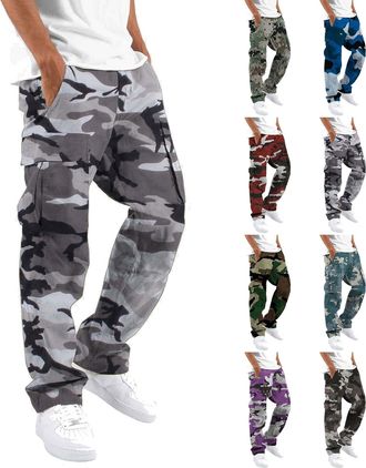 Generic Camouflage Cargo Trousers for Men Combat Work Pants Casual Military Joggers Army Tactical Climbing Stretchy Drawstring Tracksuit Bottoms Green Camo Hi