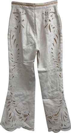 Zimmermann Embroidered Flared Trousers in White Linen