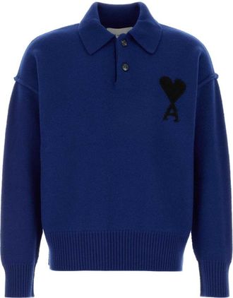 Ami Blue Solid Shirt Collar Sweater