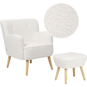 Beliani Poltrona moderna Boho Set di poggiapiedi imbottiti con bottoni e gambe inclinate Bianco modello solido Boucle Tumba