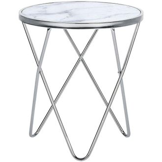 Beliani Beliani - Mesa Auxiliar Tablero De Cristal Templado Con Efecto M&aacute;rmol Blanco Patas De Horquilla De Metal Plateado Forma Redonda Meridian Ii