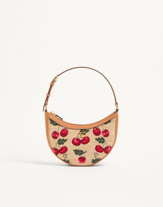 Valentino Garavani VLogo Signature Mini Hobo Bag In Jacquard Raffia With Cherryfic Pattern Wo