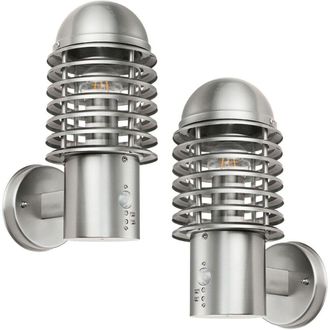 Loops 2 PACK IP44 Outdoor Wall Lamp Brushed Steel Caged Lantern PIR Move Porch Light in Metallics