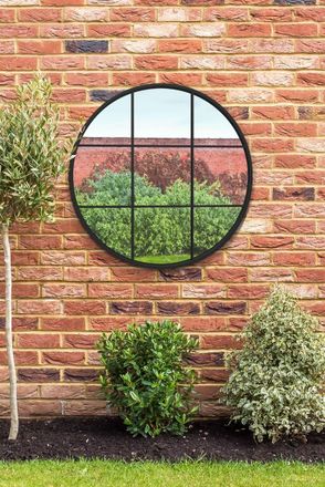 MirrorOutlet Black Metal Frame Round Window Garden Wall Mirror 31x31 80x80CM | Size: 1 Pack