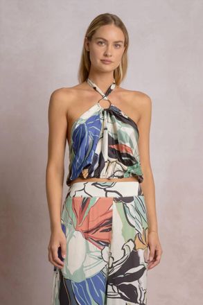 Elan Sierra Cropped Halter Top In Blue Botanical