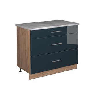 Vicco Mueble Bajo De Cocina Fame-line, Azul Oscuro Alto Brillo/roble Dorado, 100 Cm, Et M&aacute;rmol, Vicco