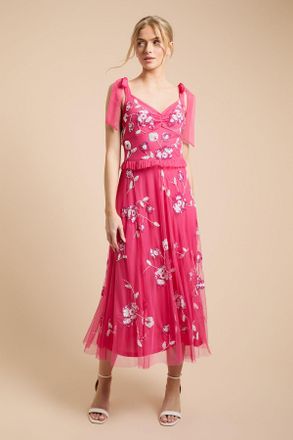 Oasis Womens Tie Shoulder Floral Embellished Midaxi Dress - Pink - Size 12 UK