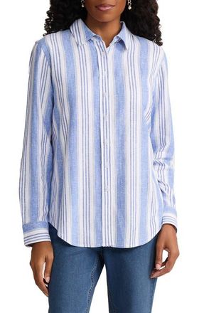 Jones New York Oversize Linen Blend Button-Up Shirt in Natural White/Light Sapphire at Nordstrom, Size X-Small