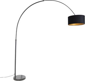 QAZQA Qazqa + Moderno L&aacute;mpara De Arco Negra Con Pantalla De Terciopelo Negro Con Dorado 50 Cm - Xxl Acero /m&aacute;rmol /textil Alargada /cil&iacute;ndra /redonda Adecua