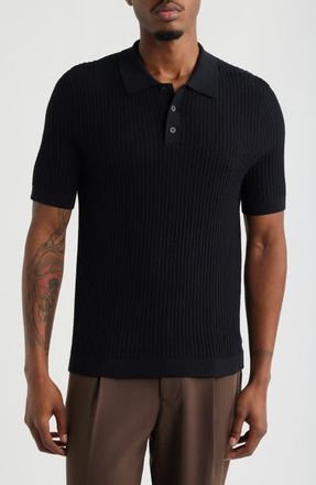 Open Edit Textured Short Sleeve Polo Sweater in Black at Nordstrom, Size X-Large