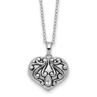 Diamond2Deal Sterling Silver Antiqued Cubic Zirconia Heart Remembrance Ash Holder Necklace