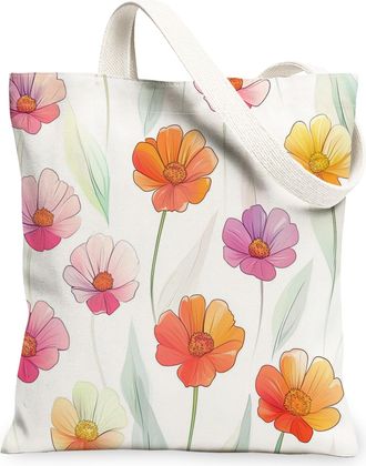 Generic Spring Luxury Zinnia Canvas Tote Bag for Shopping 13x15, Cute Floral Wildflower Reusable Grocery Print Pattern Bag for Women, Flower Simple Beach Aest