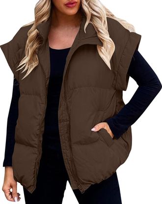 Generic Womens Gilet Jacket UK Ladies Teen Girls Cropped Quilted Zip Up Vest Waistcoat Puffer Padded Winter Wear Bodywarmer Short Coat,Brown,M,u535k