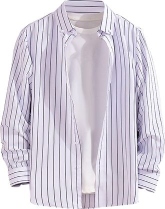 Generic MenS Shirts Long Sleeve Striped Comfort Top For Men With Round Neckline And Rolled Hems Long Lasting-Casual Shirt Button Down Regular Fit Tops Summer 