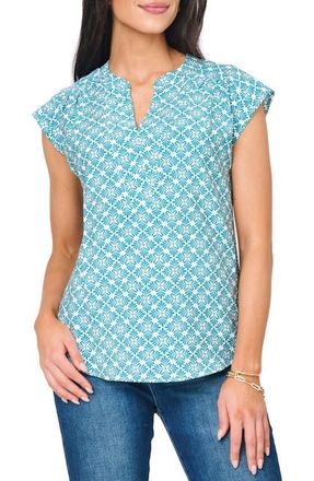 Gibsonlook Split Neck Cap Sleeve High-Low Top in Teal Leaf Tile at Nordstrom, Size Xx-Large