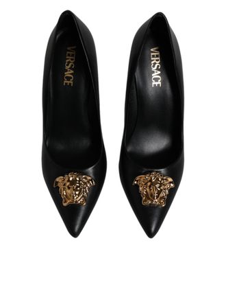 Versace Womens Gold Medusa Plaque Leather Pump Black Calf