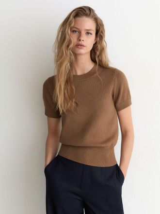 Reiss Camel Cotton and Wool Short-sleeve Knit Top, XL