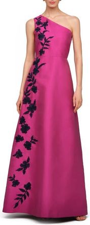 Kay Unger Madelyn Embroidered One-Shoulder Satin Gown in Aster at Nordstrom, Size 10