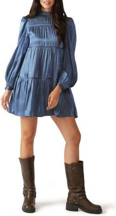 Flying Tomato Long Sleeve Tiered Satin Minidress in Blue at Nordstrom Rack, Size Medium