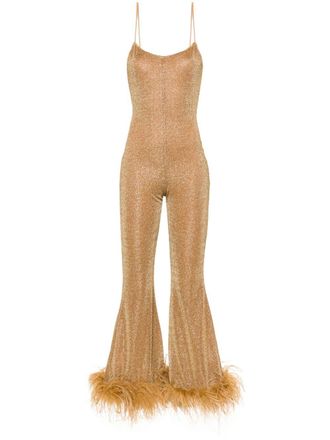 Os&eacute;ree Lumi&egrave;re Plumage lurex jumpsuit - women - Polyamide/Metallic Fibre/Ostrich Feather/Polyamide/Spandex/Elastane - M - Brown