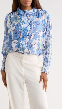 Diane Von F&uuml;rstenberg Sophia Floral Long Sleeve Cotton & Silk Button-Up Top in China Vine Degrade at Nordstrom Rack, Size Xx-Small