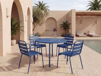Vente-Unique Sala da pranzo da giardino 1 tavolo + 4 poltrone impilabili D.110 cm in Metallo Blu notte - MIRMANDE