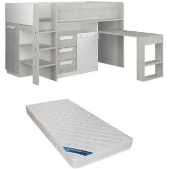 Vente-Unique Vente-unique - Letto combinato 90 x 200 cm Con scrivania e scomparti Bianco e Naturale + Materasso - loukala