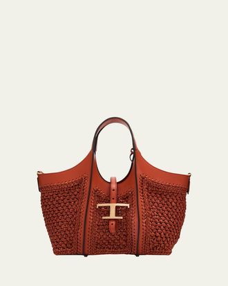 Tod's Small T Timeless Raffia & Leather Shopping Bag