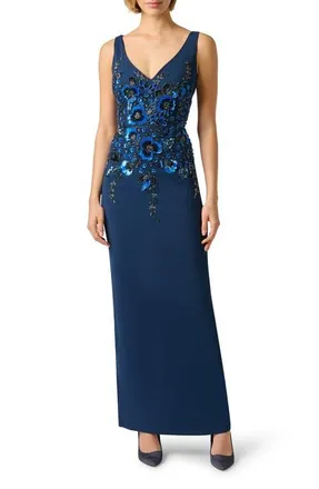 Adrianna Papell Beaded Crepe Column Gown in Light Navy at Nordstrom, Size 14