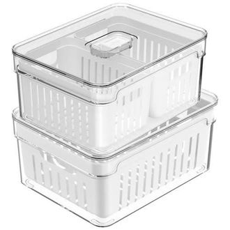 Ou Clear Stackable Fridge Organizer Bins with Drain Baskets and Vented Lids, 2 Pack in Clear With White Drainer at Nordstrom