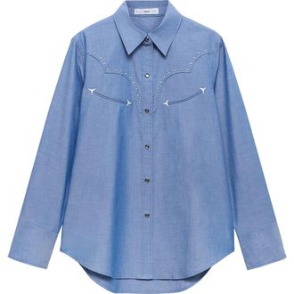 Mango Studded Snap-Up Western Shirt in Blue at Nordstrom, Size 4
