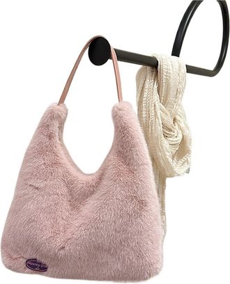 Generic Womens Plush Bags Simple Womens Shoulder Bag Winter Travel Tote Female Soft Fluffy Plush Handbag Large Capacity Shopping(Light pink)