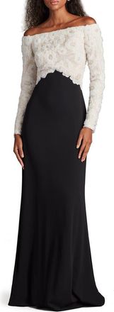 Tadashi Shoji Rhinestone Floral Off the Shoulder Mixed Media Gown in Ivory/Black at Nordstrom, Size 14