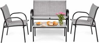 Costway Juego De 4 Piezas De Muebles De Patio Con 2 Sillones,1 Banco De 2 Plazas Y 1 Mesa De Centro De Hierro Y Tela De Malla Para Terraza Jard&iacute;n Exterior (ne